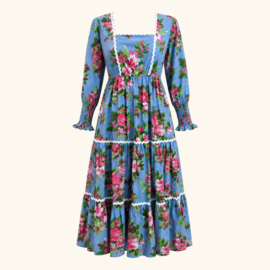 Wavy Dress- Rose Garden In Blue