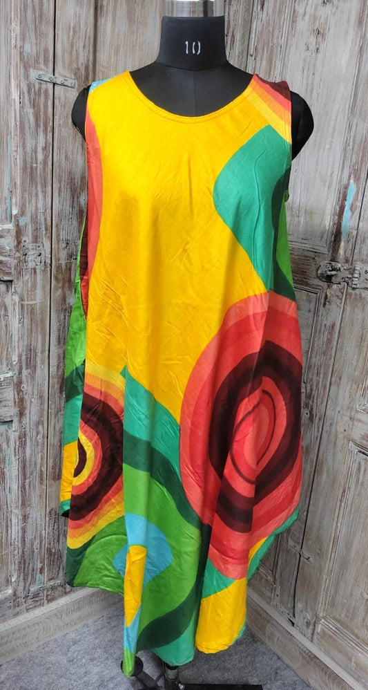 Yellow Printed Circle Design Rayon Sundress