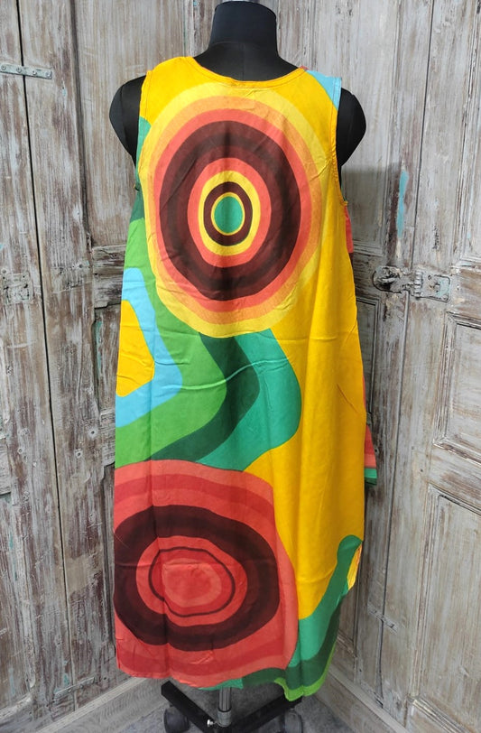 Yellow Printed Circle Design Rayon Sundress