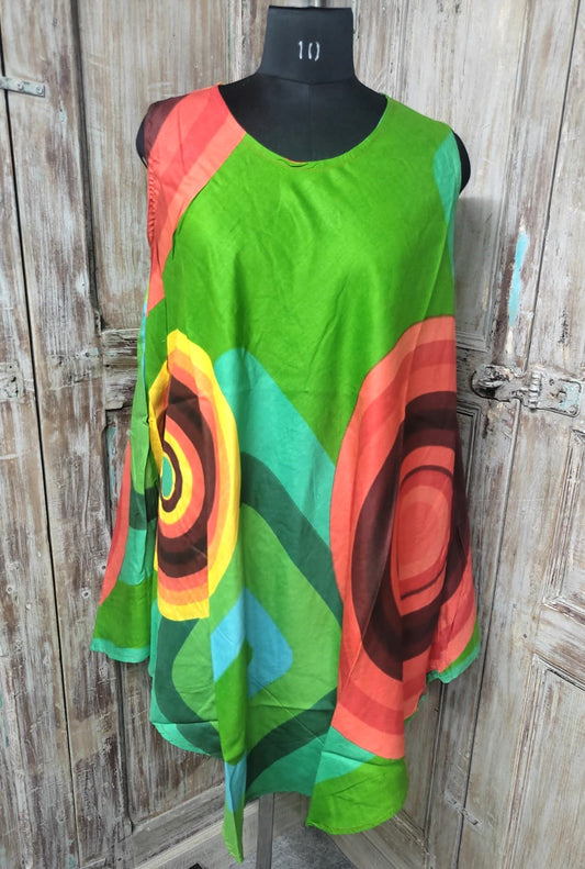 Green Printed Circle Design Rayon Sundress