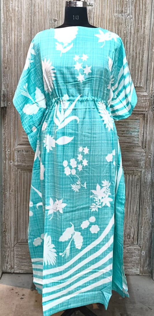 Light Aqua Floral Striped Kaftan – Elegant Flowing Wear