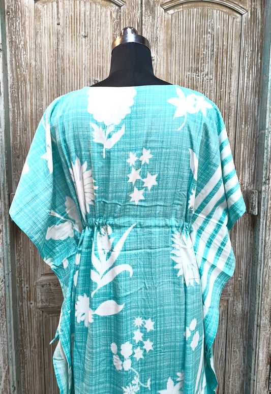 Light Aqua Floral Striped Kaftan – Elegant Flowing Wear