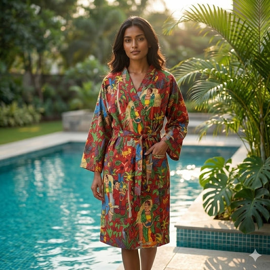 Handcrafted Sanganeri Botanical Cotton Bathrobe