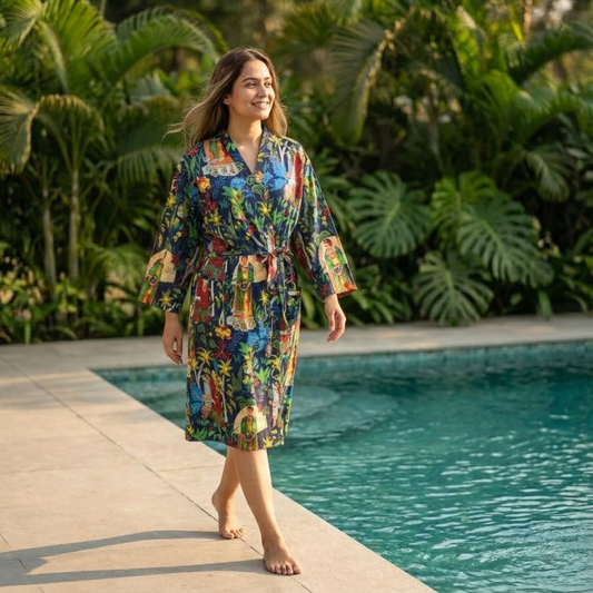 Vibrant Sanganeri Block Print Cotton Bathrobe