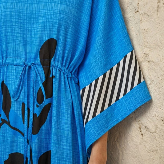 Dark Blue  Floral Striped Kaftan – Elegant Flowing Wear