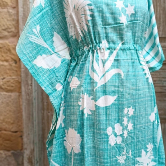 Light Aqua Floral Striped Kaftan – Elegant Flowing Wear