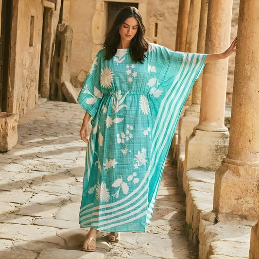 Light Aqua Floral Striped Kaftan – Elegant Flowing Wear