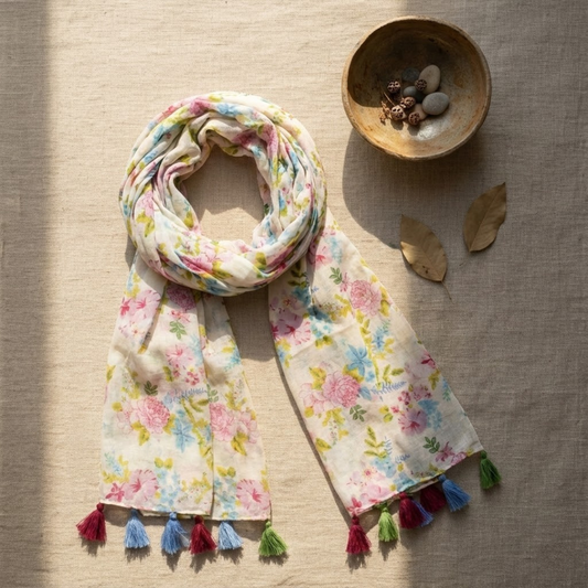White Flora Printed Scarf