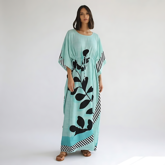 Light Aqua leaf Striped Kaftan – Elegant Flowing Wear