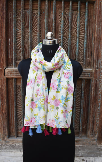 White Flora Printed Scarf