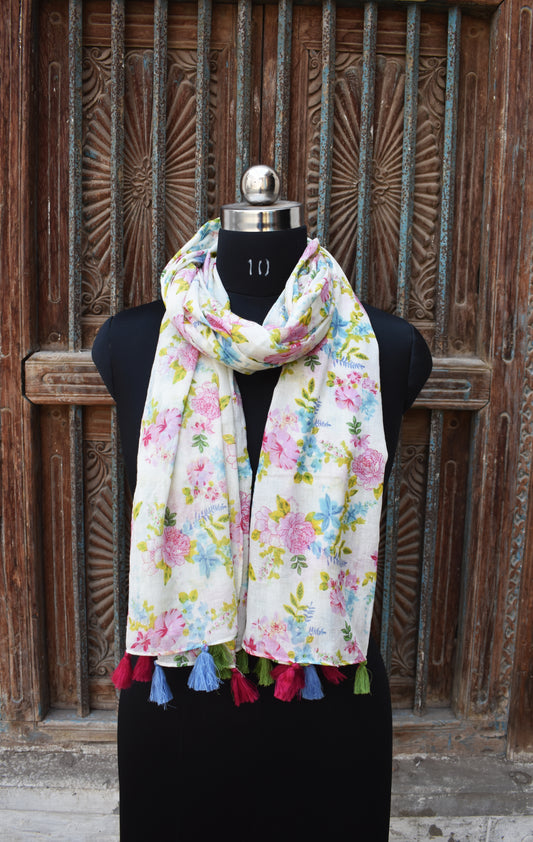 White Flora Printed Scarf